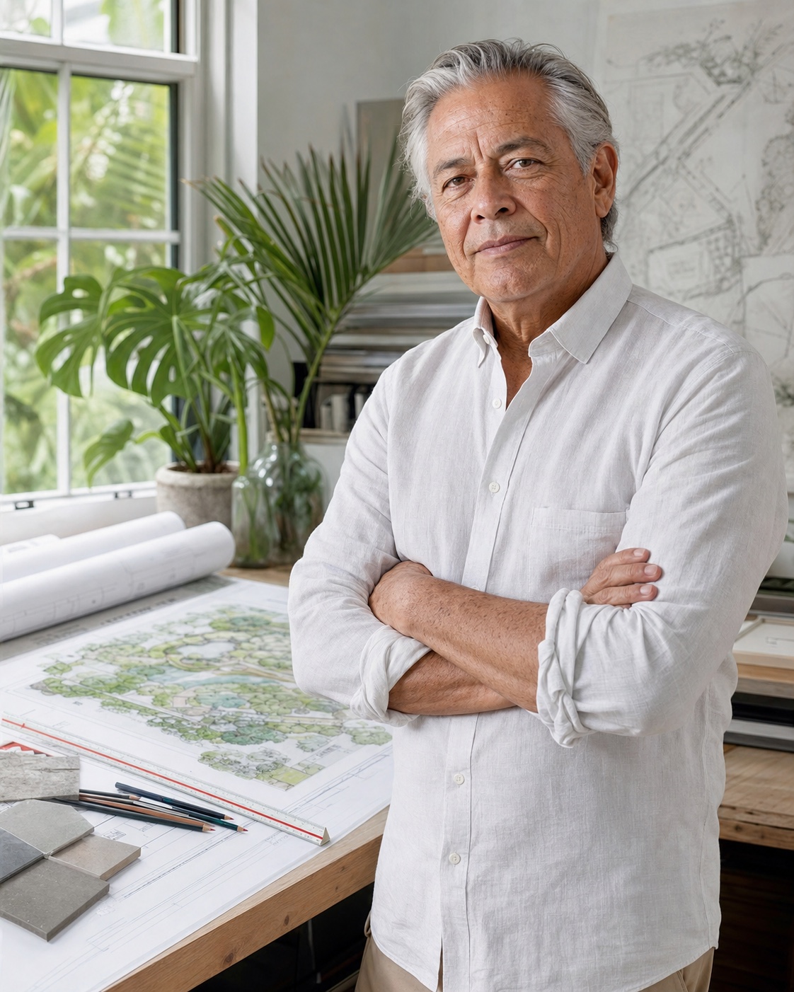 Veteran landscape architect beside planting plans in a light-filled tropical design studio